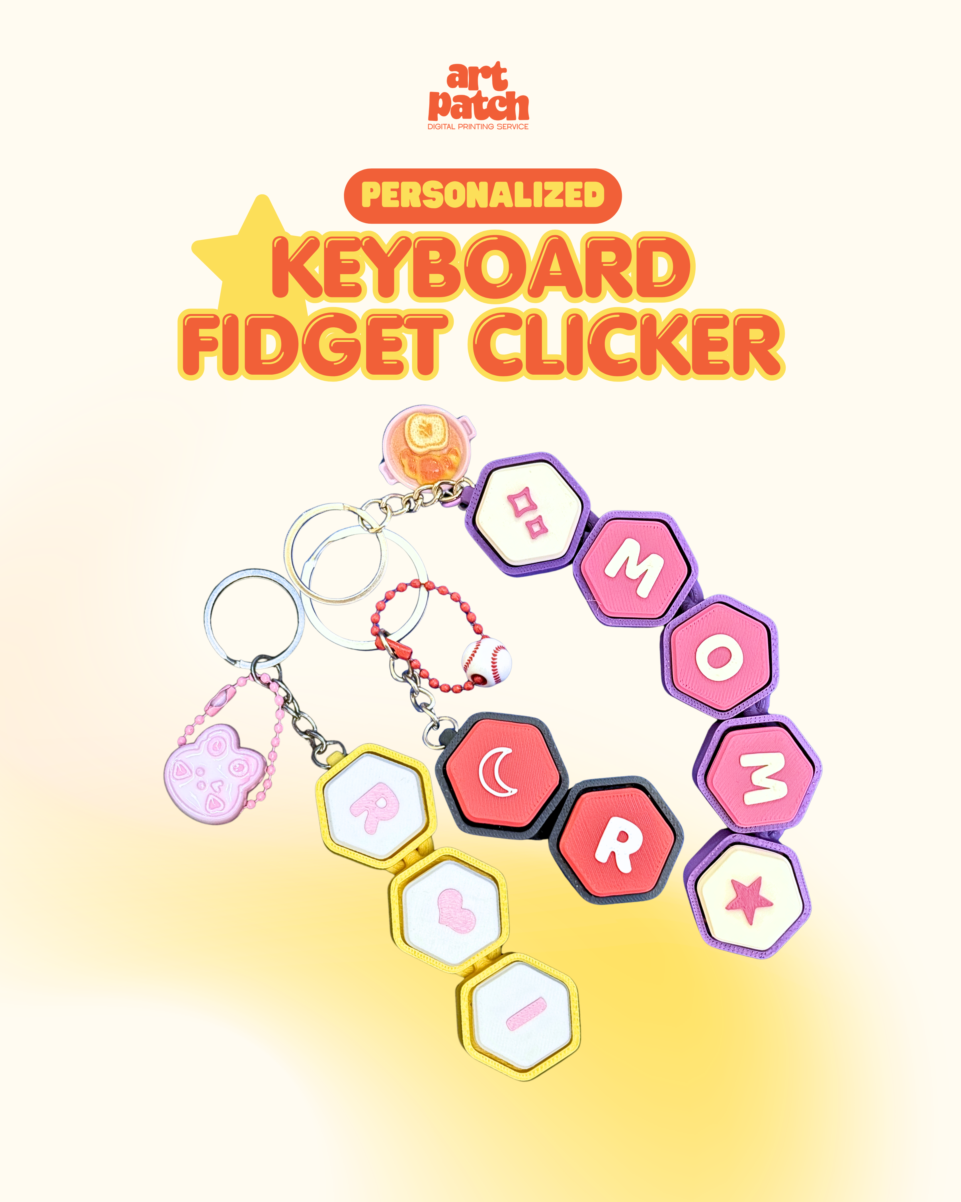 Personalized 3D Printed Wiggly Hexagon Keyboard Fidget Clicker