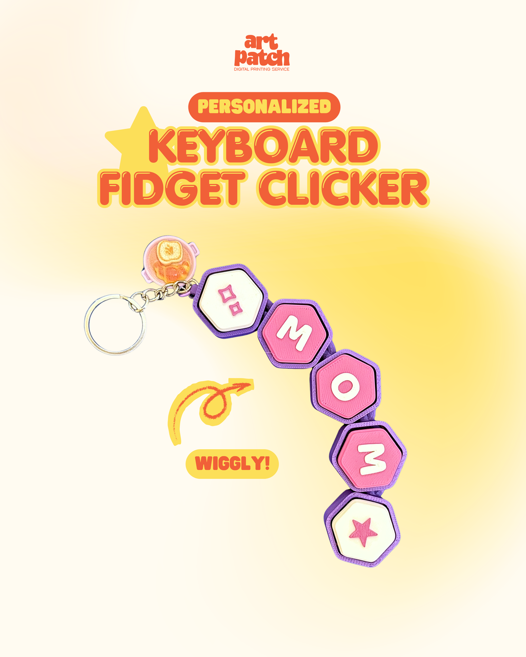 Personalized 3D Printed Wiggly Hexagon Keyboard Fidget Clicker