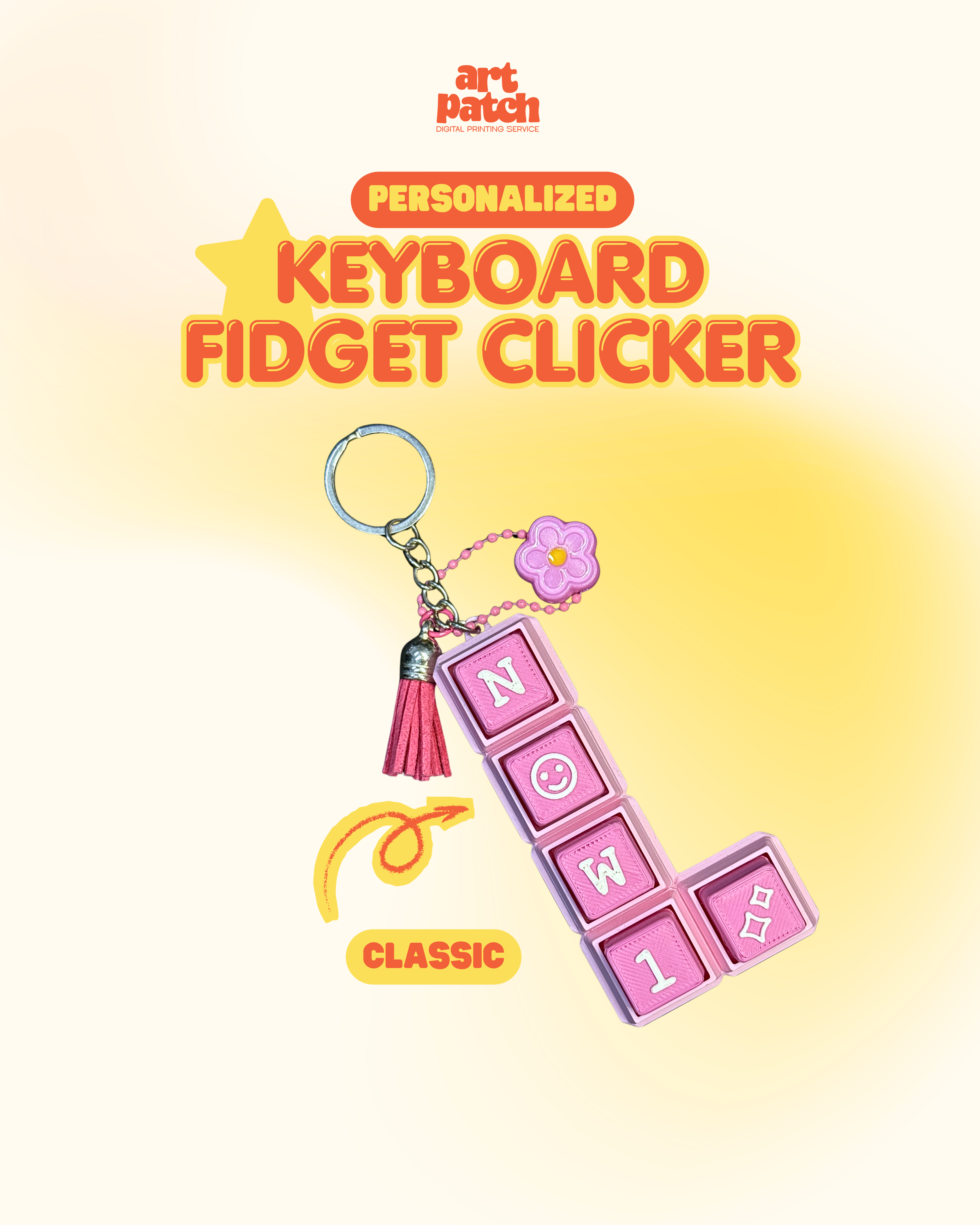 Personalized 3D Printed Square Keyboard Fidget Clicker